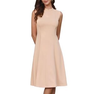Women's Work Dress Mock Neck Sleeveless A Line Midi Dress Beige